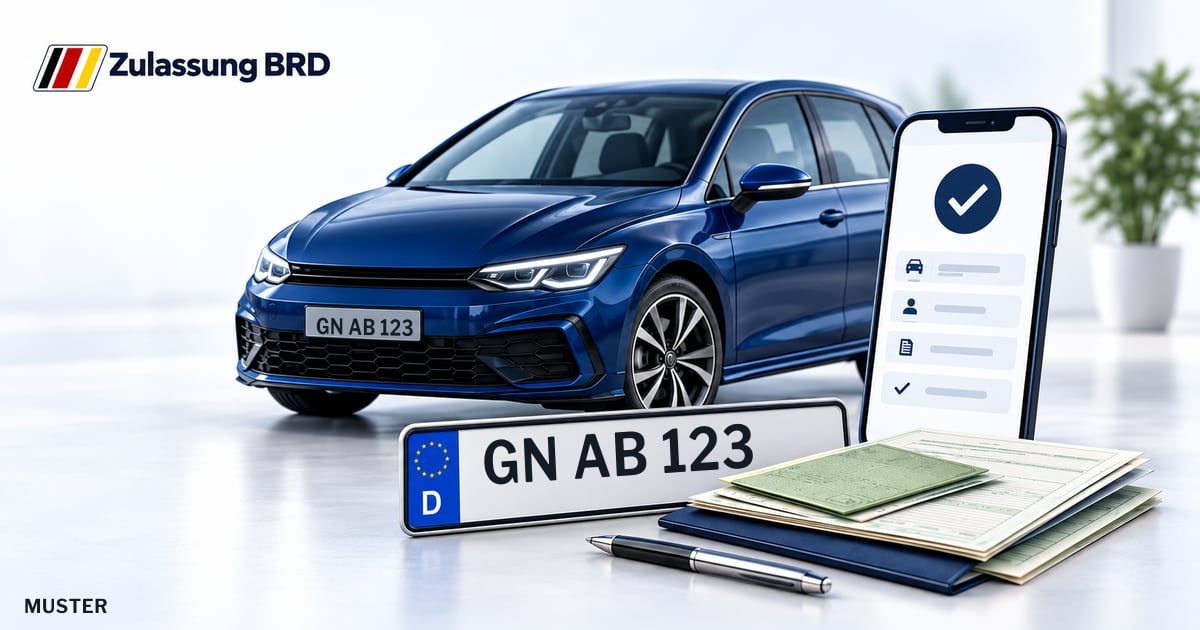 Online Fahrzeugzulassung in Freigericht: Musterkennzeichen GN AB 123, Auto und Fahrzeugpapiere und Smartphone. Illustration mit Logo von Zulassung BRD.
